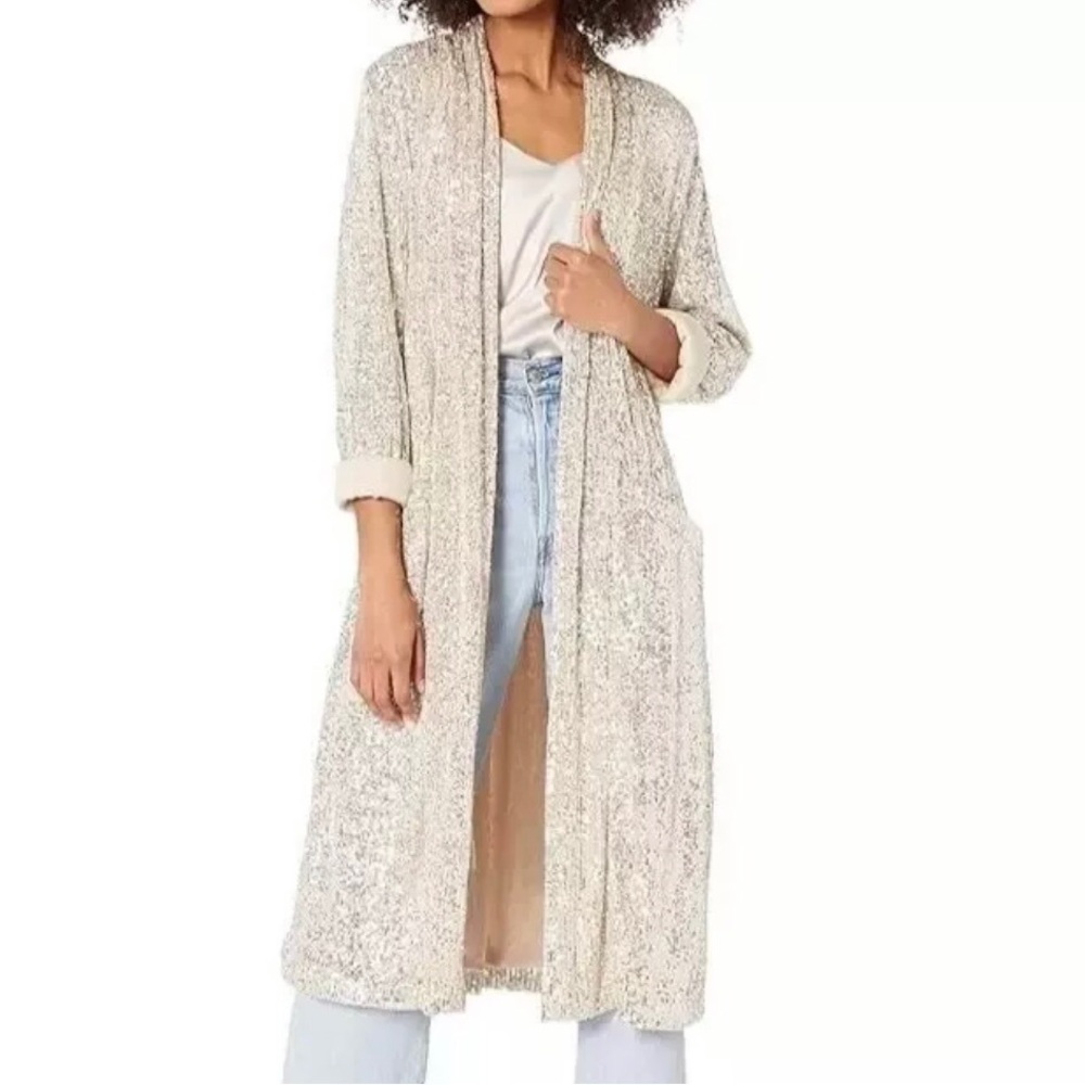 Women Steve Madden Show Stopper Party Sequin Duster Cardigan Silver Gold…